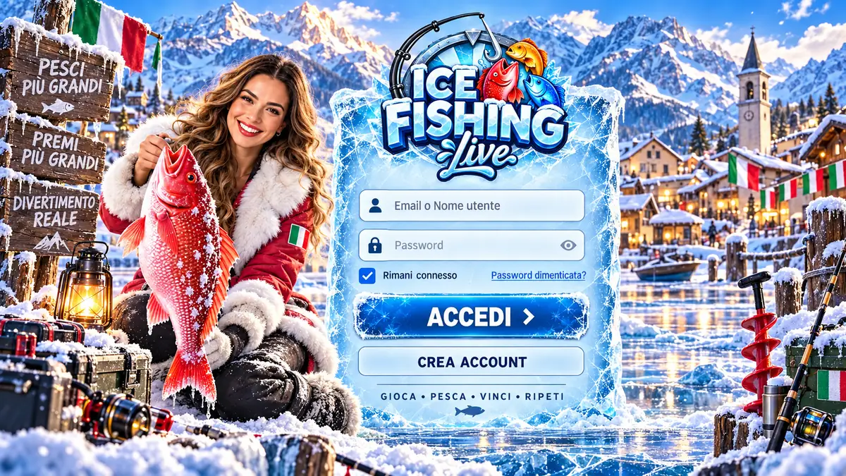 Schermata di accesso di Ice Fishing con email, password e pulsante Accedi accanto a una giocatrice con un pesce rosso