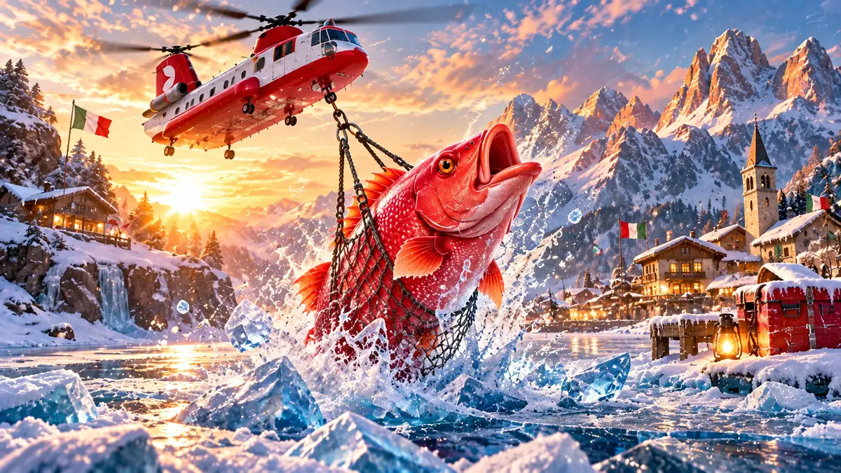Elicottero che solleva un grosso pesce rosso nella rete in Ice Fishing