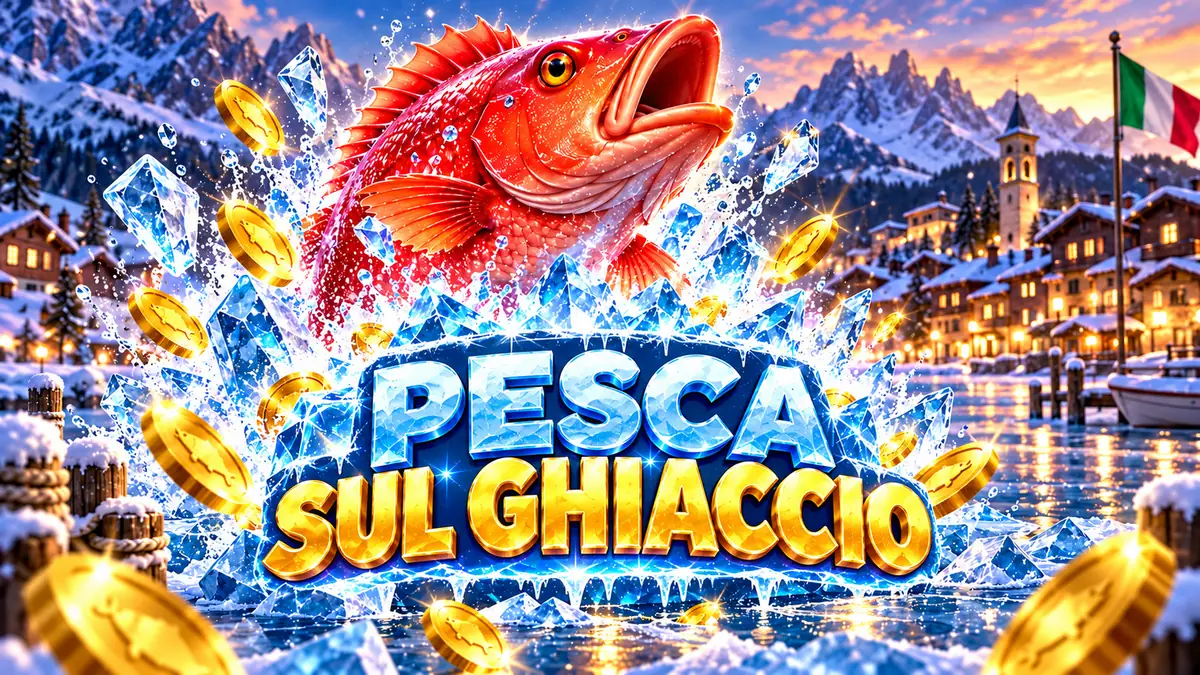 Banner Pesca sul ghiaccio di Ice Fishing con un pesce rosso che salta tra le monete d'oro