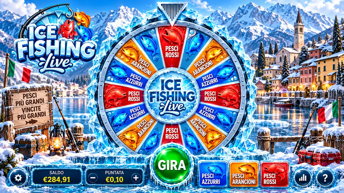 Ice Fishing come si gioca: ruota con i settori e i pulsanti di puntata pesci azzurri, arancioni e rossi