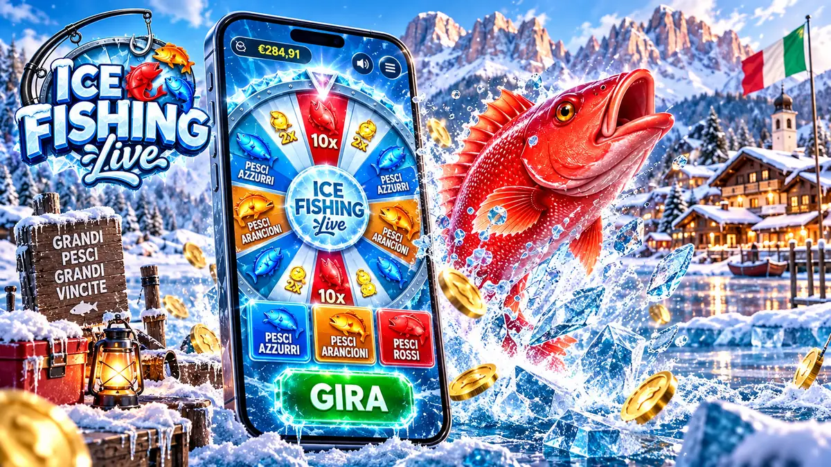 Ice Fishing su smartphone: ruota, pulsanti pesci azzurri, arancioni e rossi e tasto Gira
